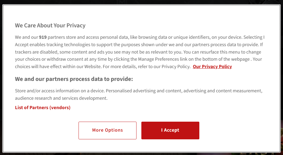 A Website GDPR Consent popup. It contains a header stating. We care about your privacy. Followed by We and our 919 partners store and access personal data, like browsing data on unique identifiers, on your device.
